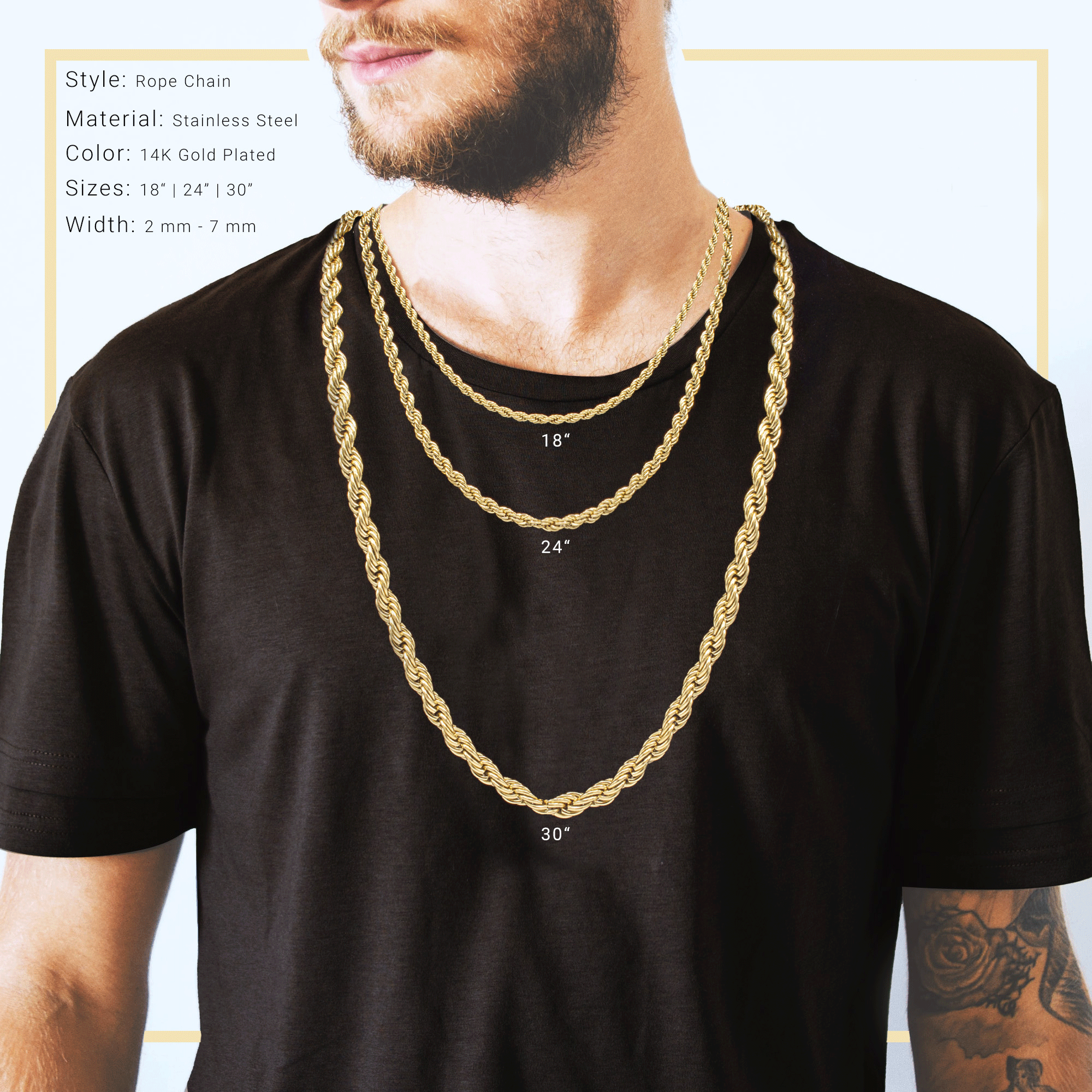 14K Gold Plated Rope Chain Twisted Link Necklace for Men 18" 20" 24" 30" Length | 2 mm - 7 mm Width