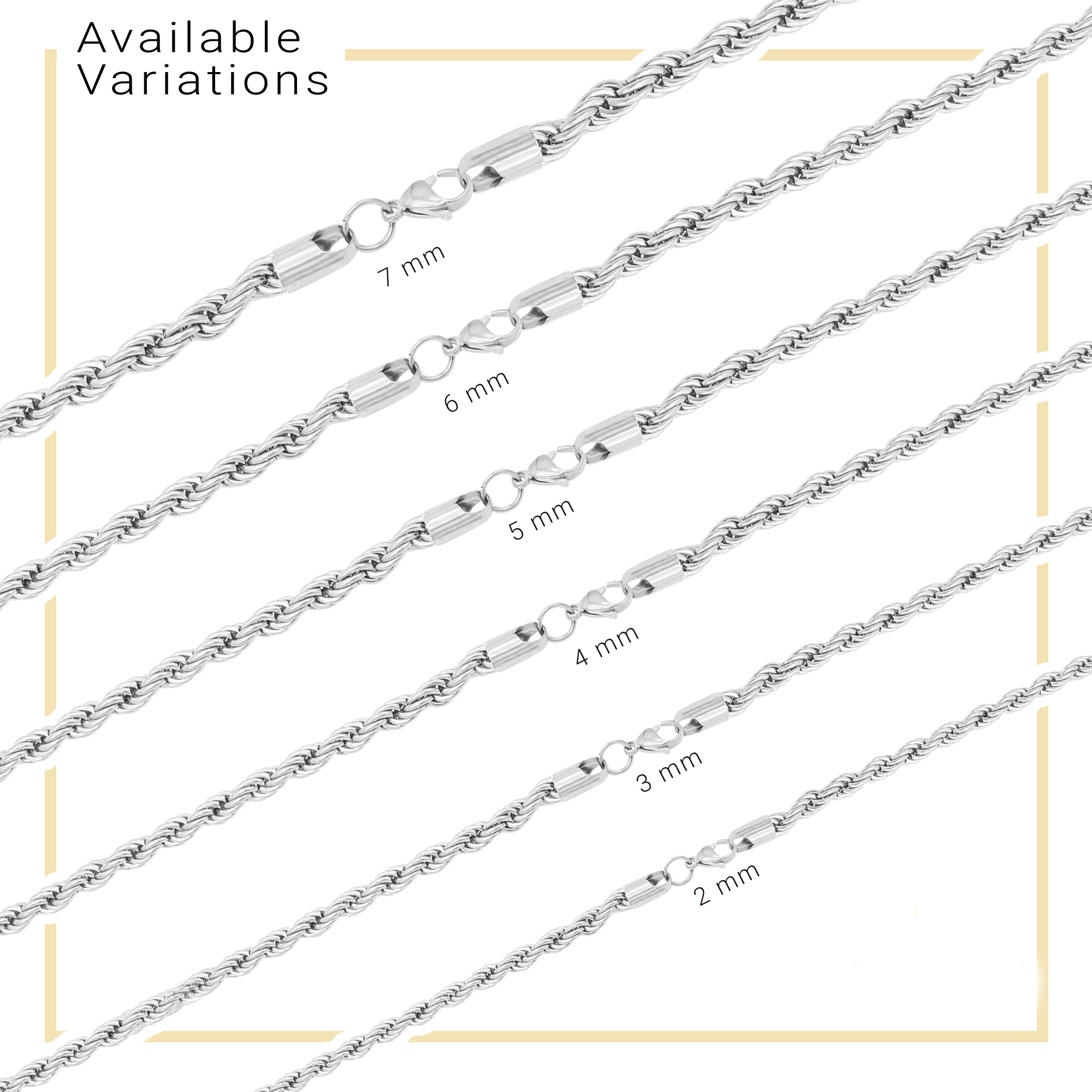 Silver Rope Chain Twisted Link Necklace for Men 18" 20" 24" 30" Length | 2 mm - 7 mm Width