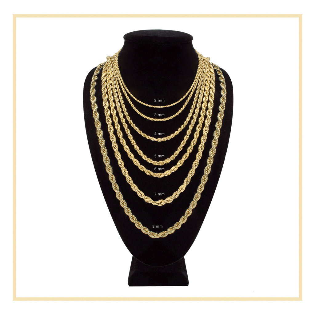 14K Gold Plated Rope Chain Twisted Link Necklace for Men 18" 20" 24" 30" Length | 2 mm - 7 mm Width