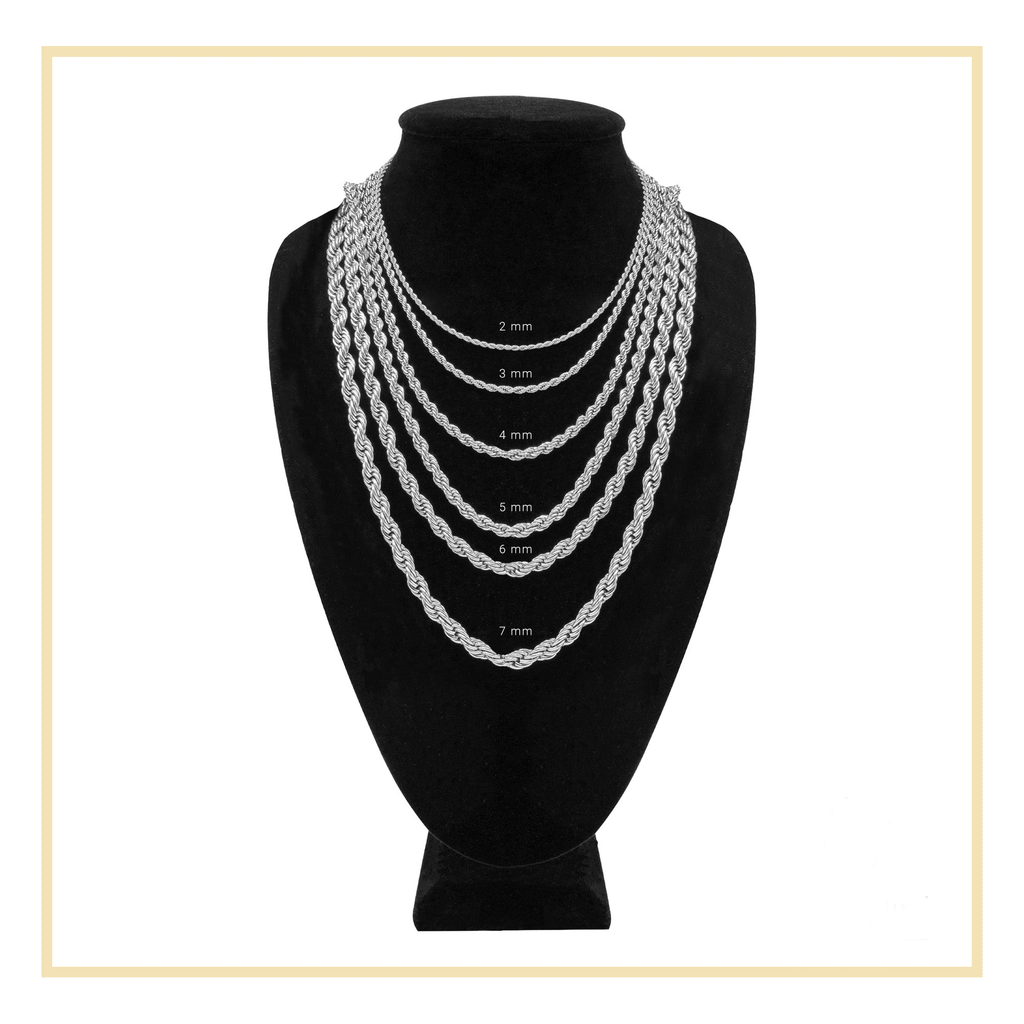Silver Rope Chain Twisted Link Necklace for Men 18" 20" 24" 30" Length | 2 mm - 7 mm Width