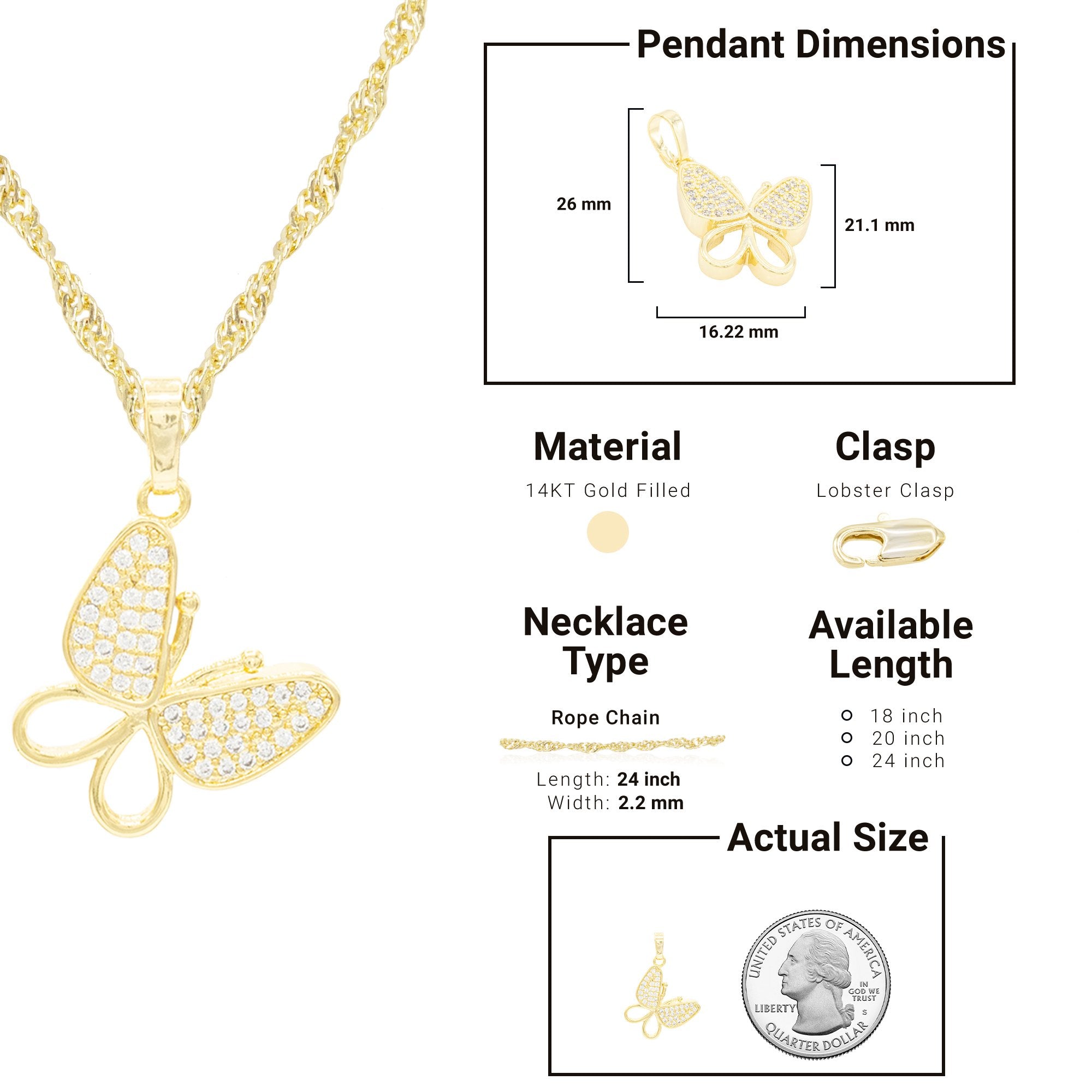 CZ Butterfly Cubic Zirconia Pendant With Necklace Set 14K Gold Filled