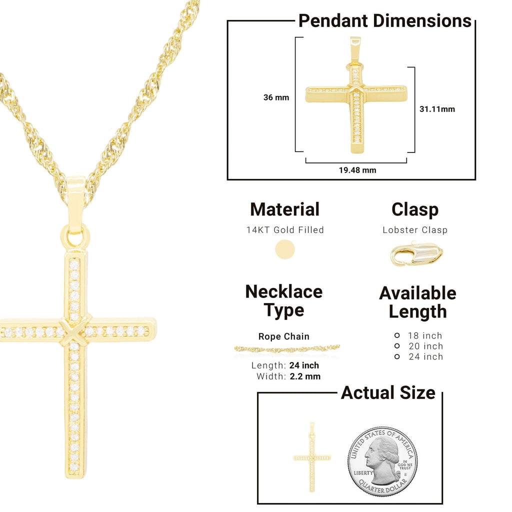 Thin Cross Cubic Zirconia Pendant With Necklace Set 14K Gold Filled