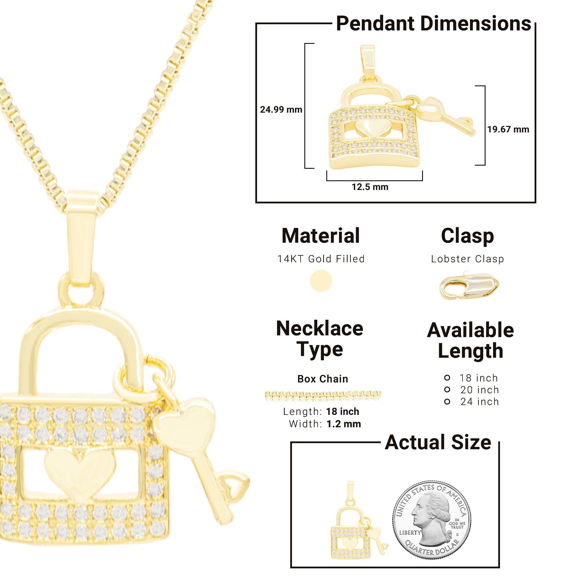 CZ Lock Pendant 14K Gold Filled Necklace Set Jewelry for Women 18" 20" 24"