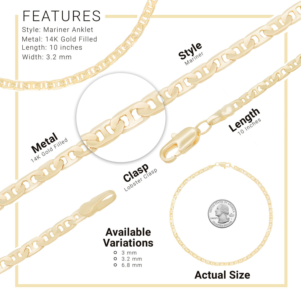 14K Gold Filled Anklet Diamond Cut Mariner Chain Anklet 10" Women Jewelry