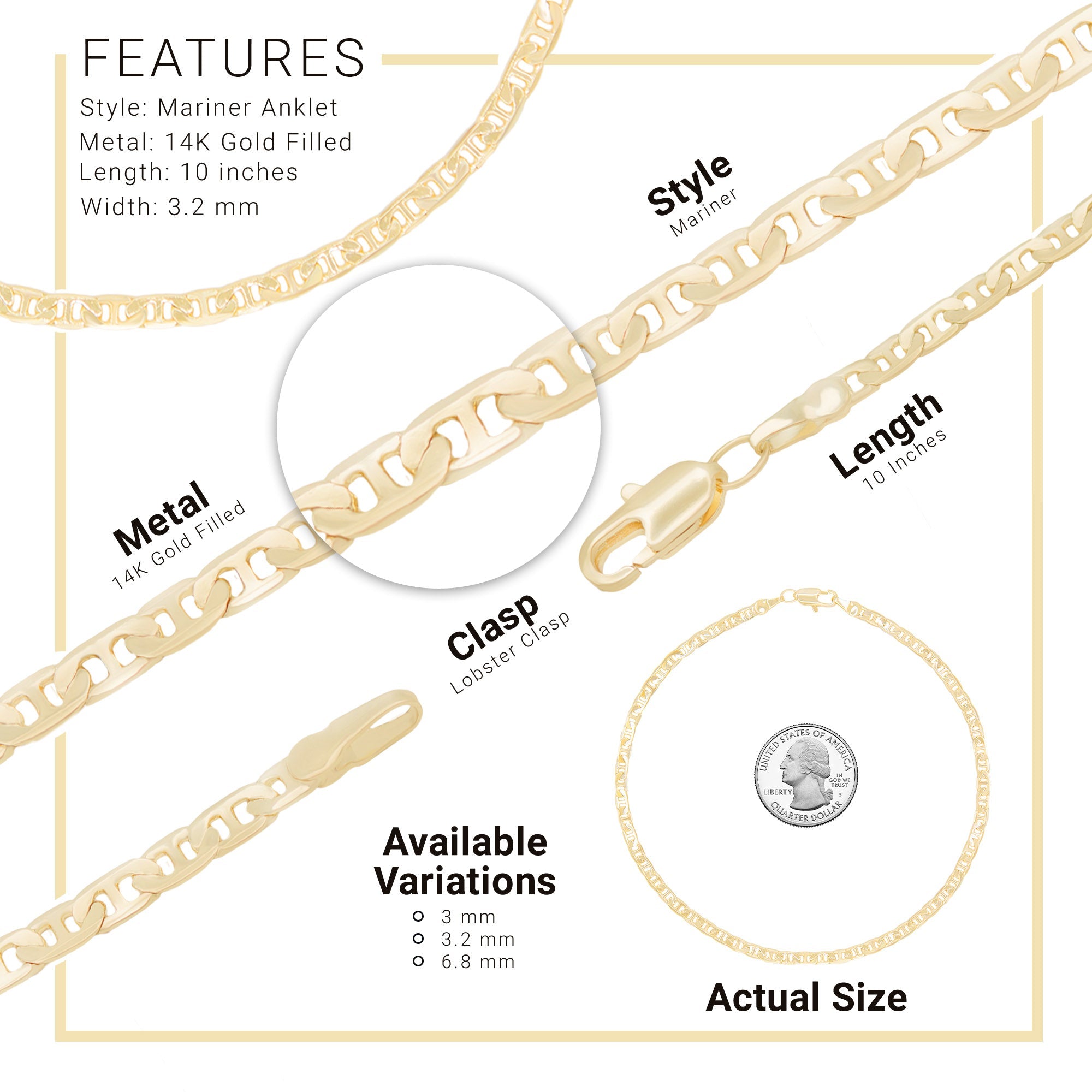 14K Gold Filled Anklet Diamond Cut Mariner Chain Anklet 10" Women Jewelry