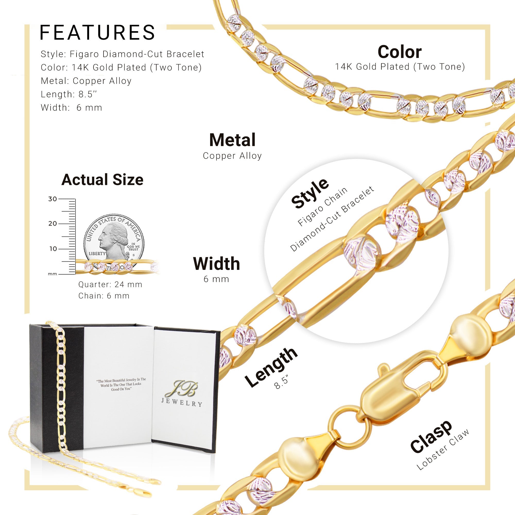 Figaro Chain 14K Gold Filled Bracelet 8.5" Lobster Claw Clasp Jewelry Gift for Men