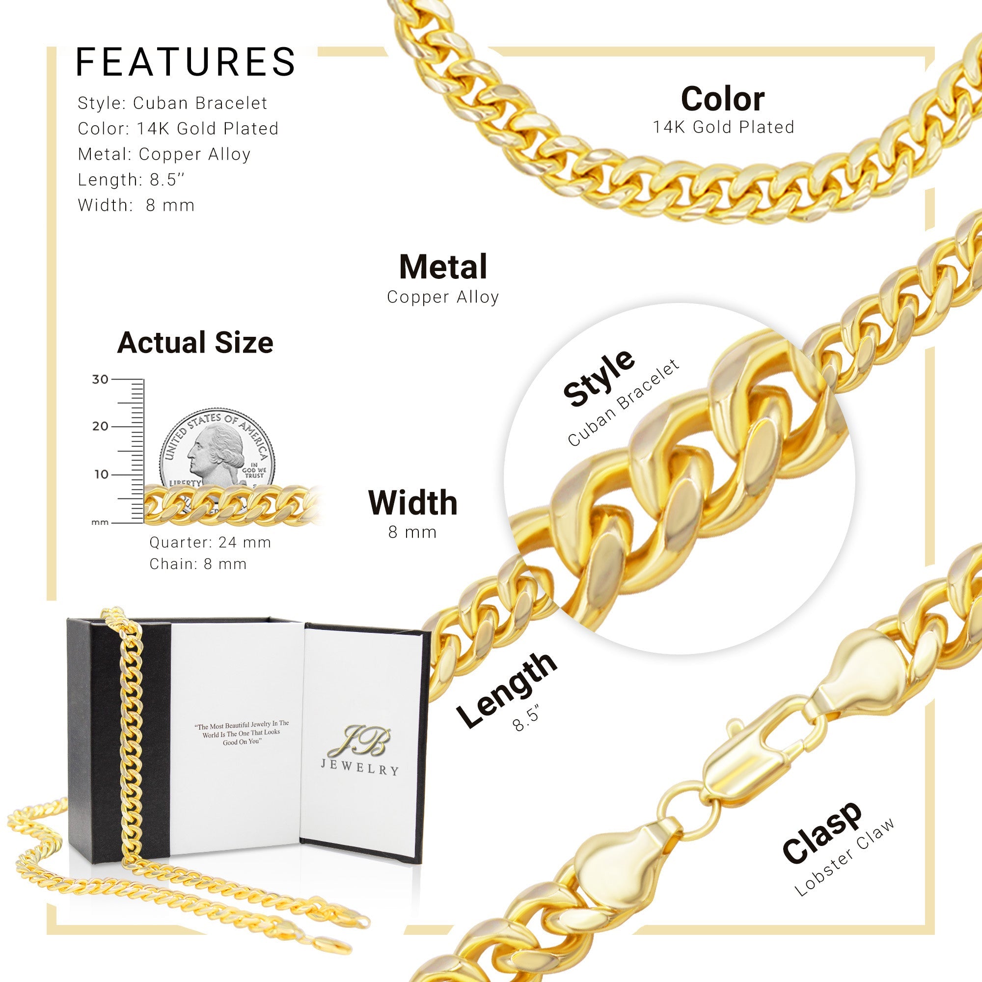 Cuban Link Chain 14K Gold Filled Bracelet 8.5" Lobster Claw Clasp Men Jewelry 6 mm 8 mm