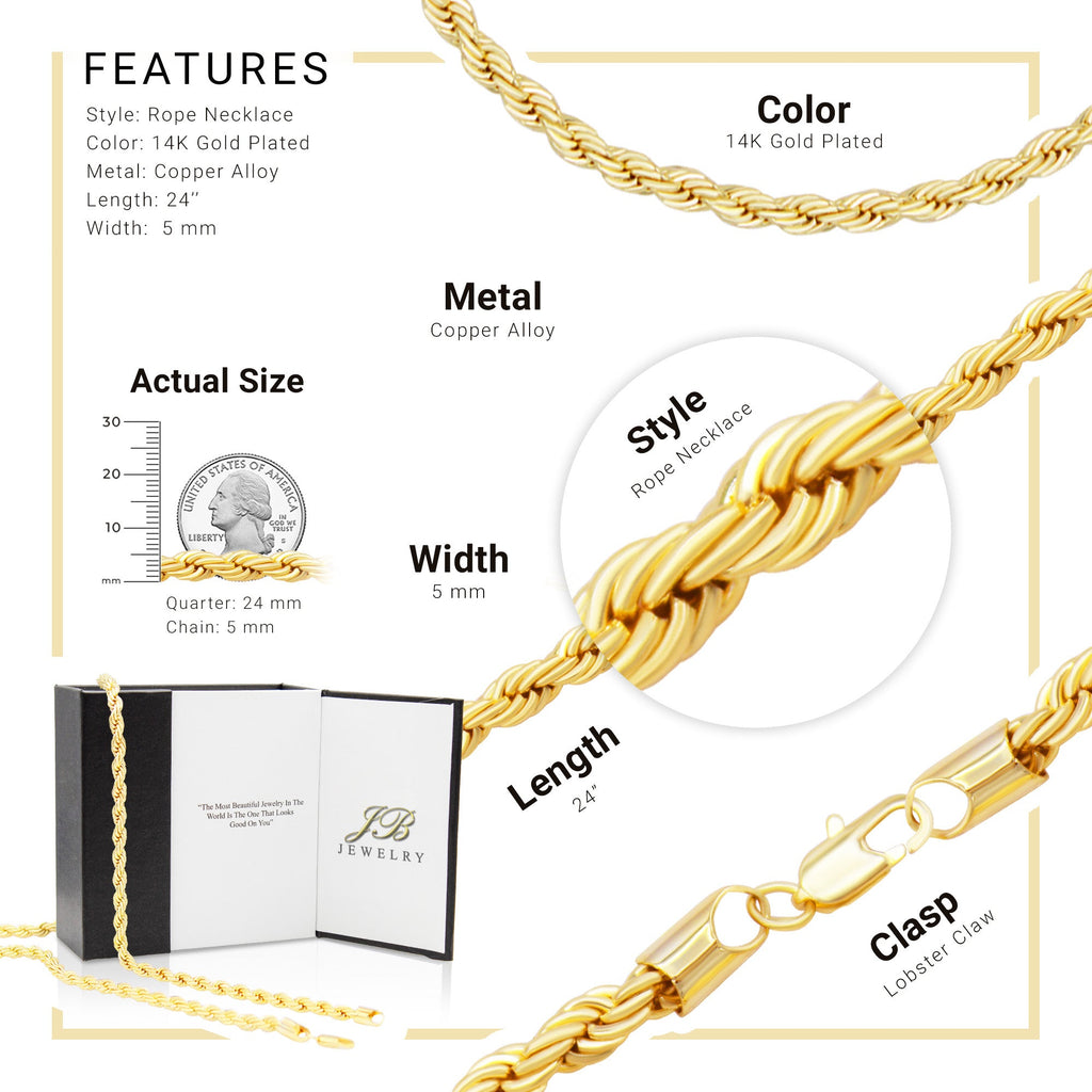 14K Gold Filled Rope Chain Necklace 24" for Men 5-6 mm