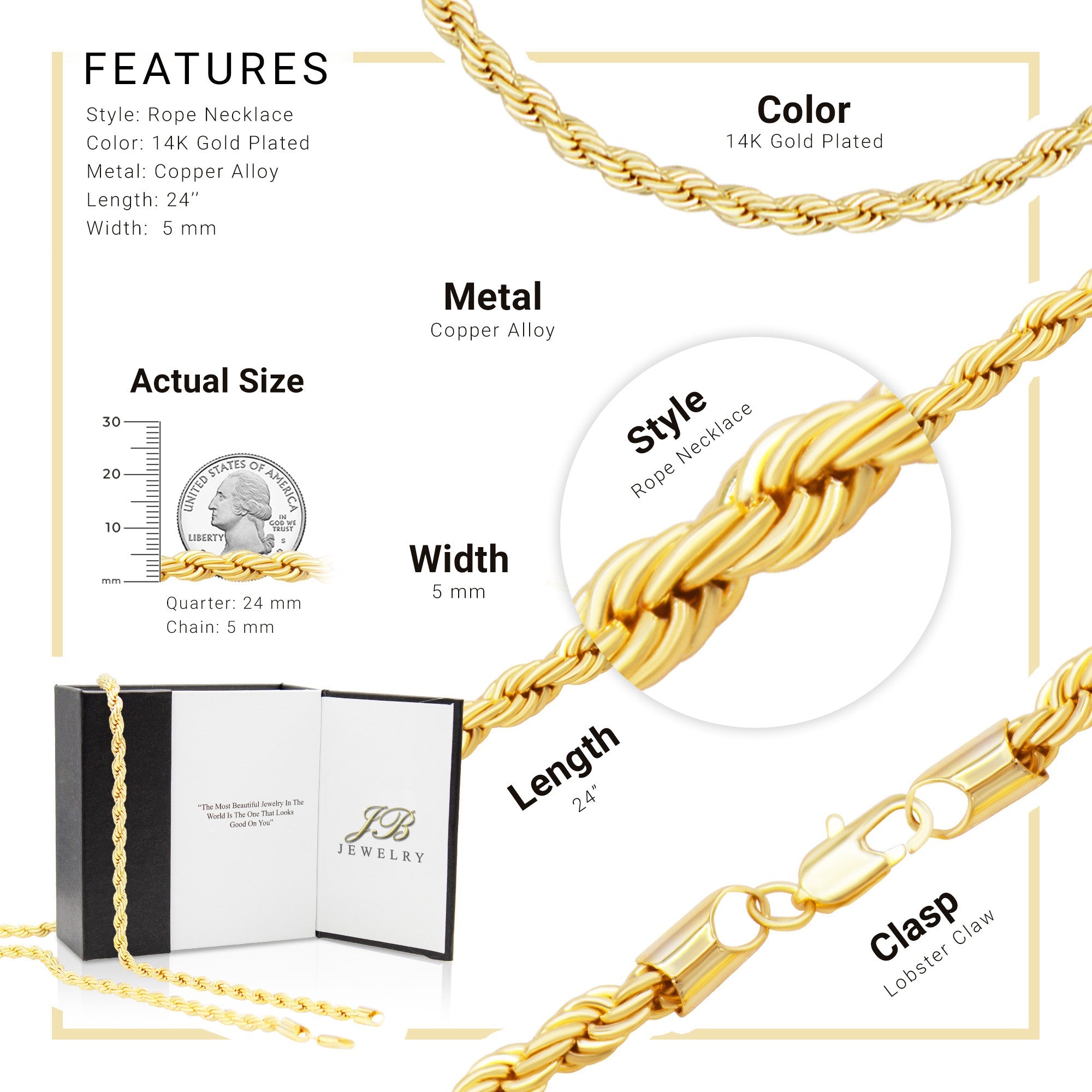 14K Gold Filled Rope Chain Necklace 24" for Men 5-6 mm