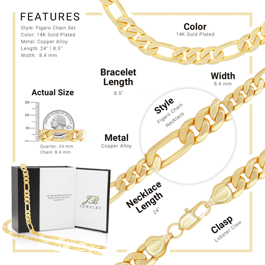14K Gold Filled Figaro Chain Necklace 24" Bracelet 8.5" Set