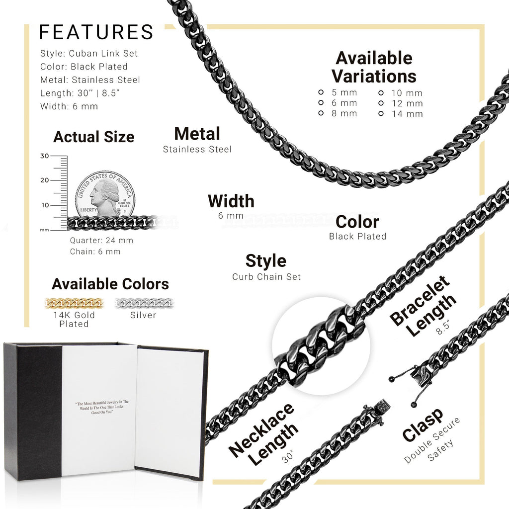 Black Cuban Link Chain Necklace 30" Bracelet 8.5" Stainless Steel Set For Men