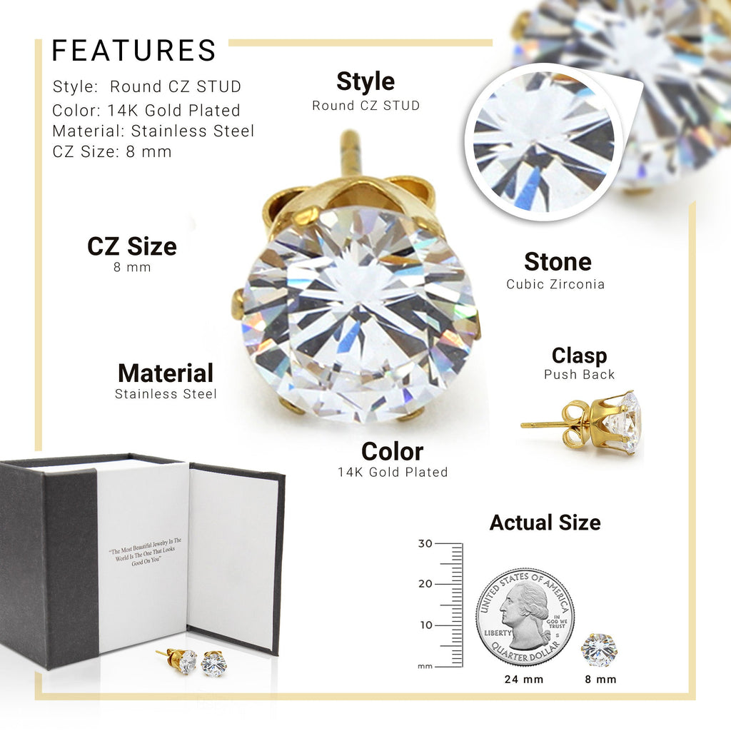 Cubic Zirconia Round 14K Gold Filled Stud Earrings Stainless Steel Jewelry Men Women