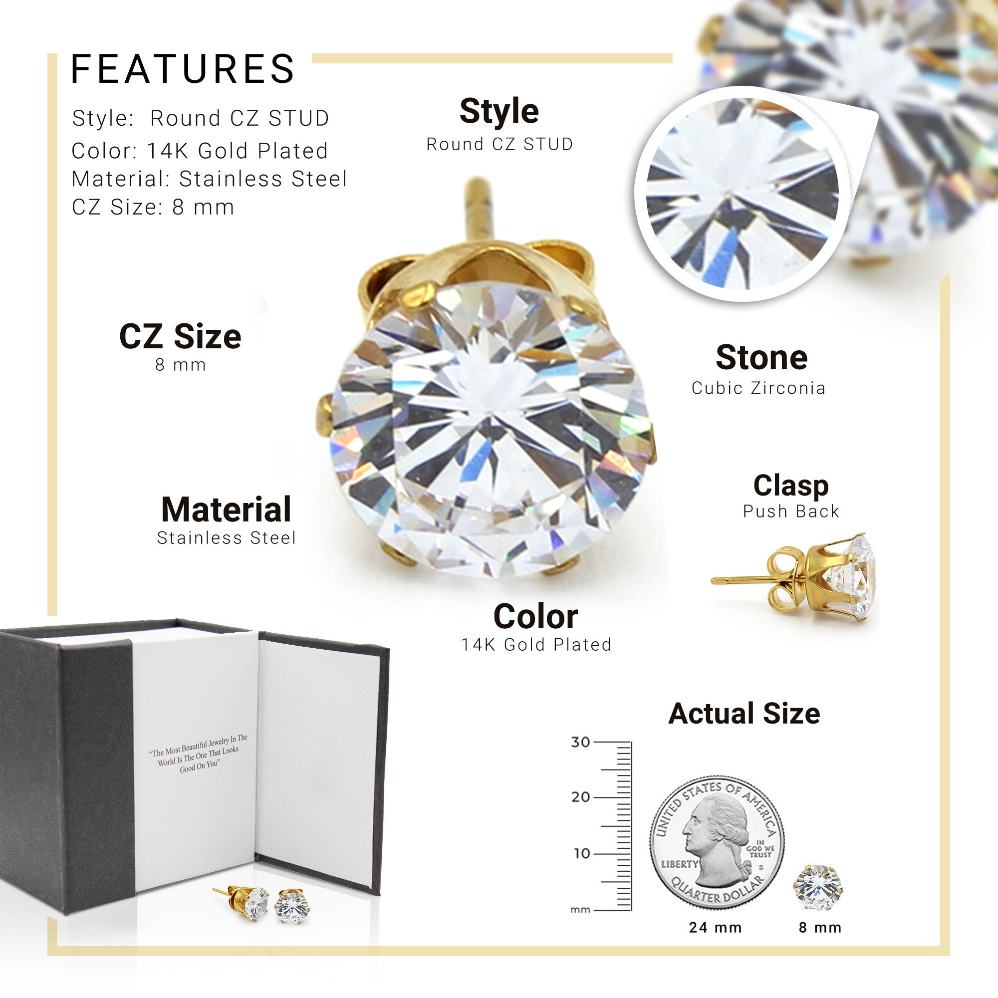 Cubic Zirconia Round 14K Gold Filled Stud Earrings Stainless Steel Jewelry Men Women
