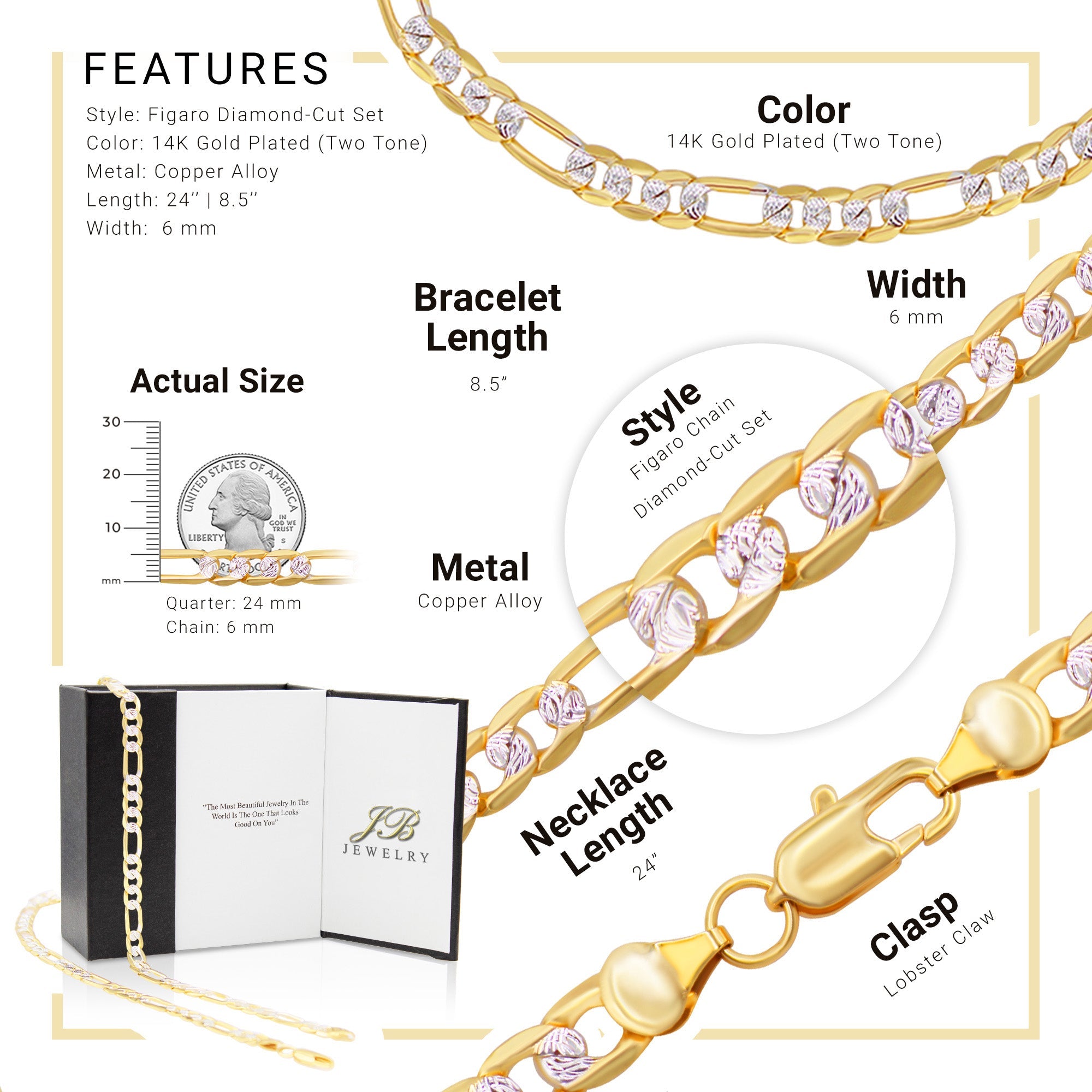 14K Gold Filled Figaro Chain Necklace 24" Bracelet 8.5" Set