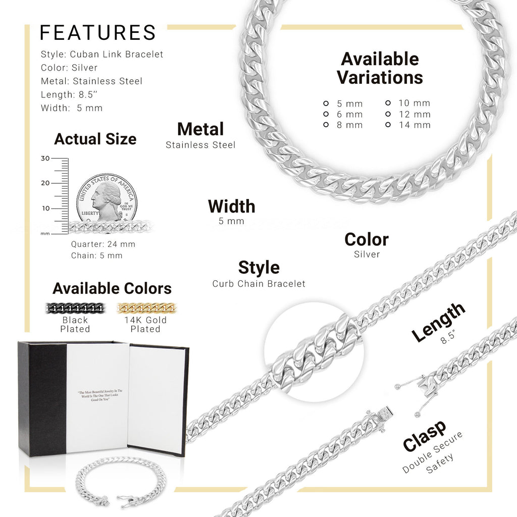 Cuban Link Chain Silver Curb Bracelet 8.5" Stainless Steel Men Jewelry
