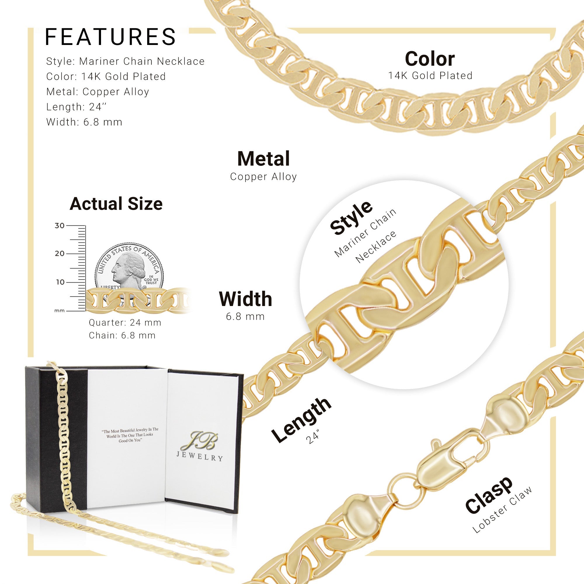 14K Gold Filled Mariner Chain Necklace 24" 6.8 mm