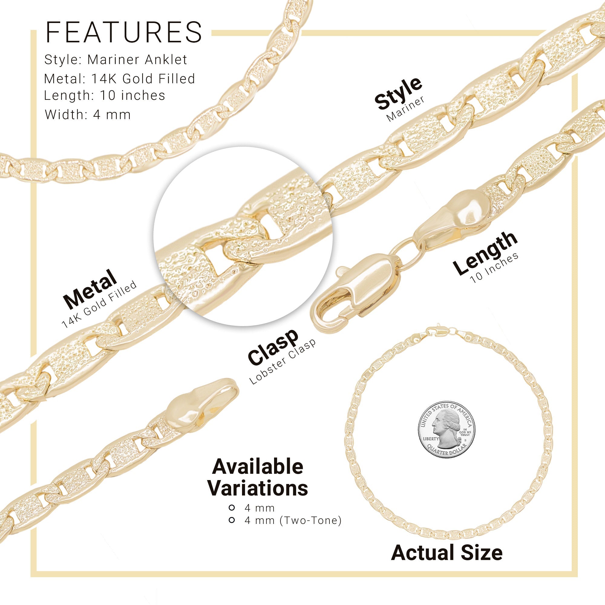 14K Gold Filled Anklet Diamond Cut Two Tone Mariner Chain Anklet 10"  Women Jewelry