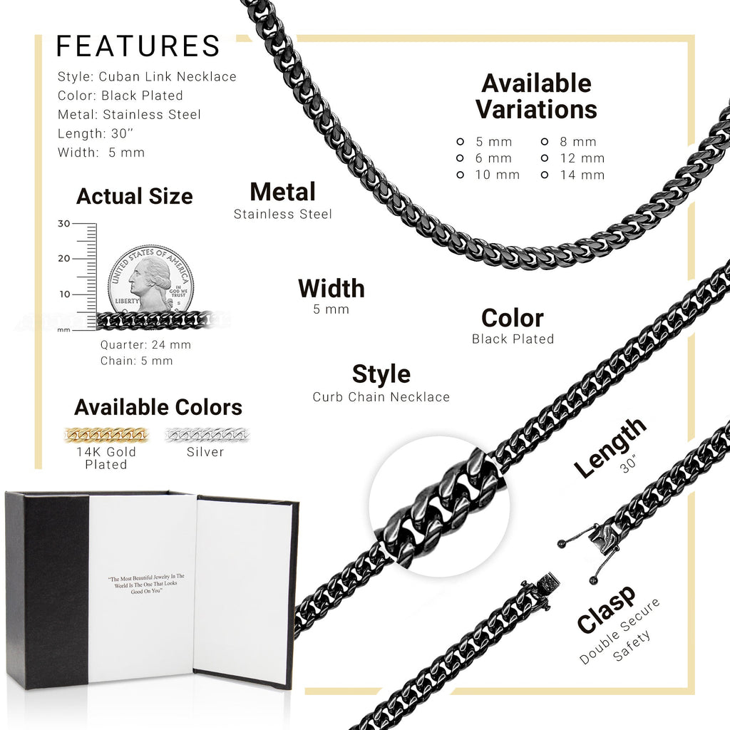 Black Cuban Link Stainless Steel Necklace 30"