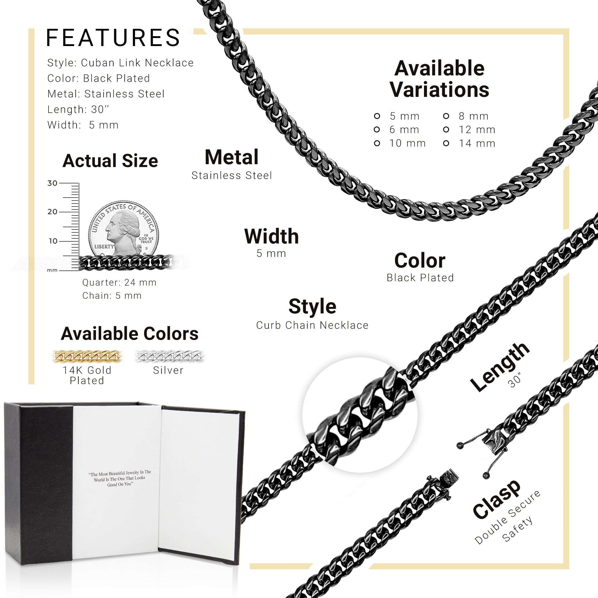 Black Cuban Link Stainless Steel Necklace 30"