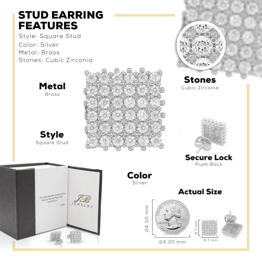Double Square 7 Cubic Zirconia Earrings 14K Gold Filled Silver Hip Hop Studs Jewelry Women Men