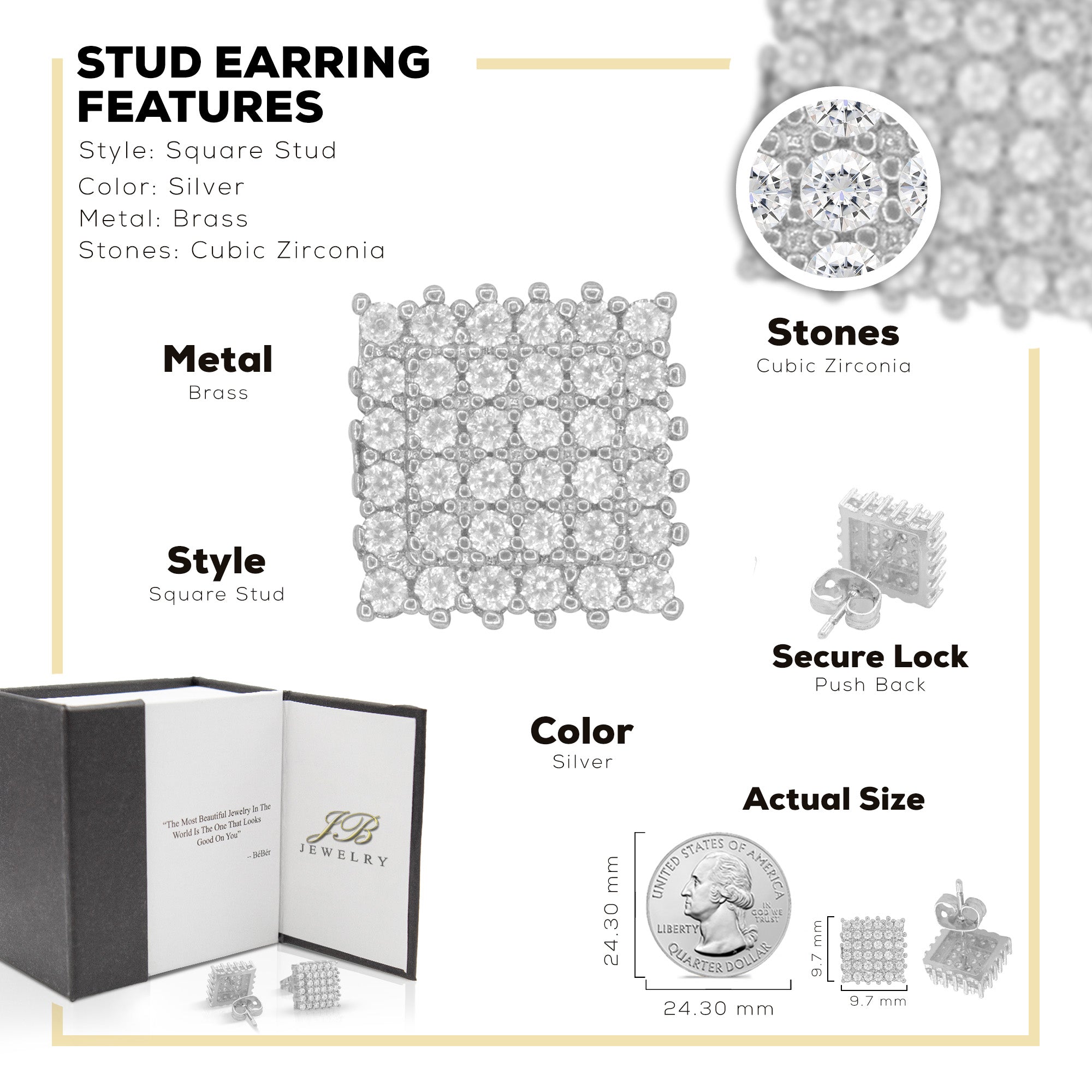 Double Square 7 Cubic Zirconia Earrings 14K Gold Filled Silver Hip Hop Studs Jewelry Women Men