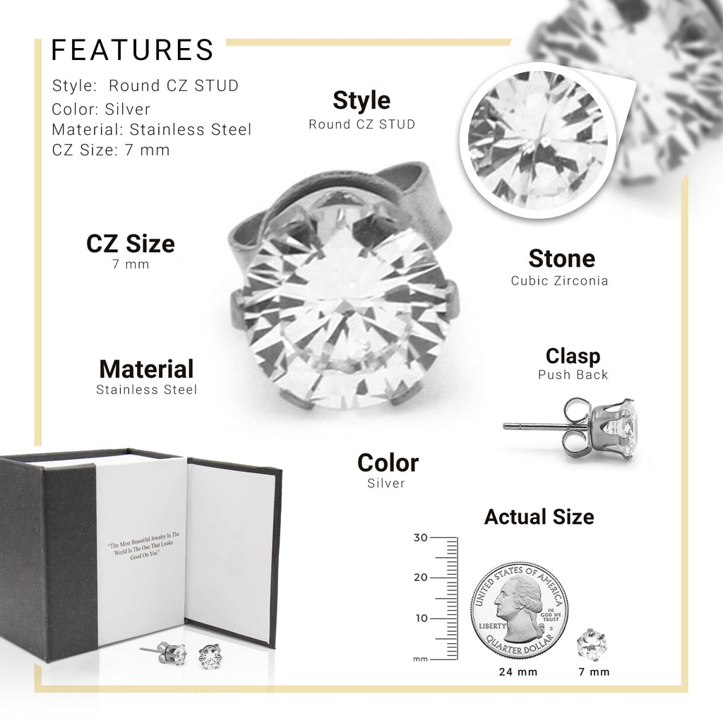Cubic Zirconia Round Stud Earrings Stainless Steel Silver Jewelry Men Women