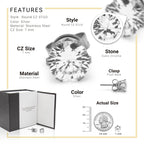 Cubic Zirconia Round Stud Earrings Stainless Steel Silver Jewelry Men Women