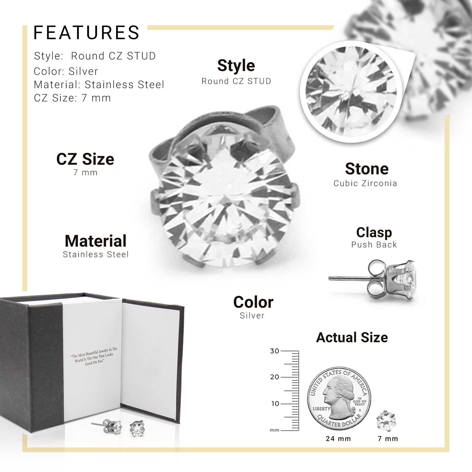 Cubic Zirconia Round Stud Earrings Stainless Steel Silver Jewelry Men Women