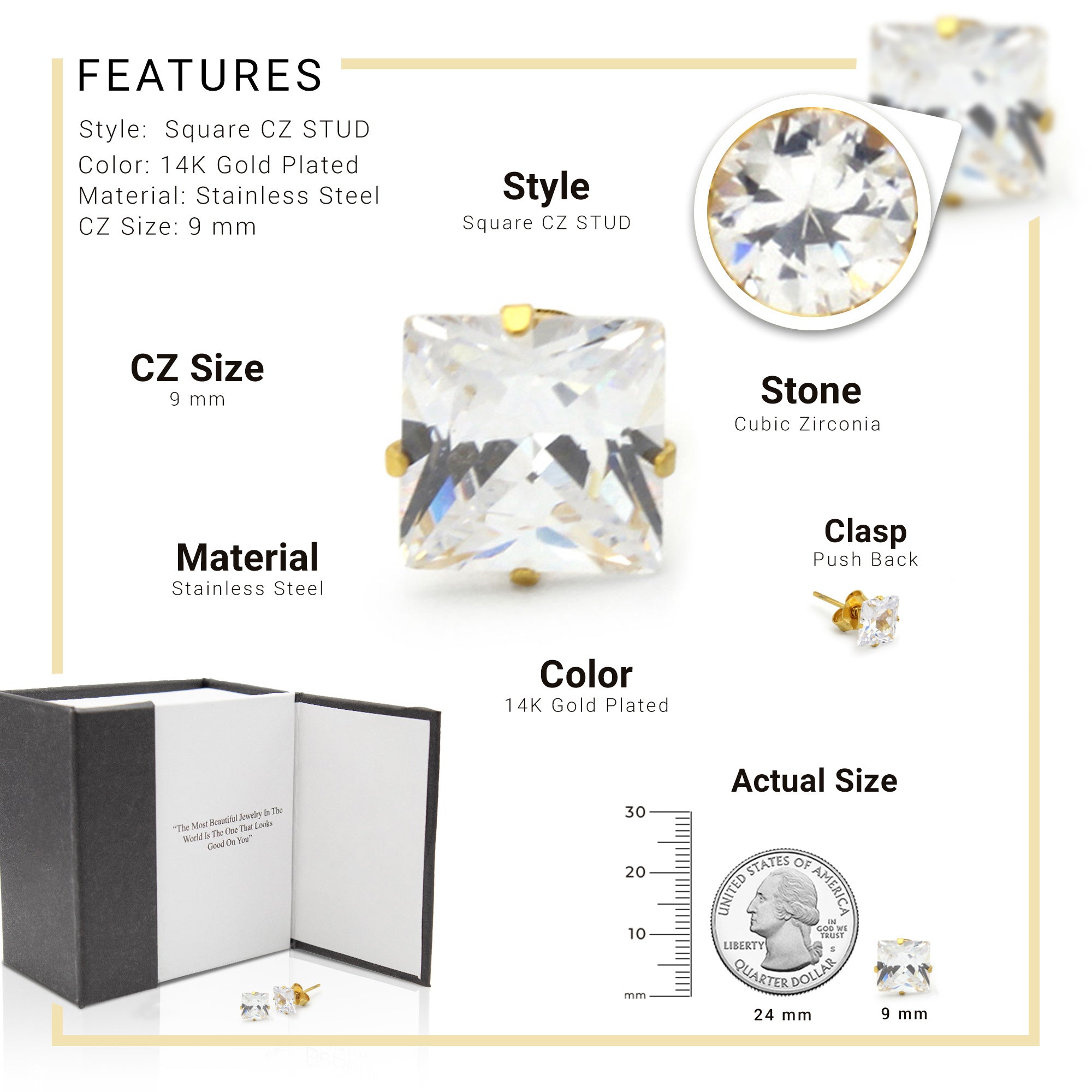 Cubic Zirconia Square 14K Gold Filled Stud Earrings Stainless Steel Jewelry Men Women
