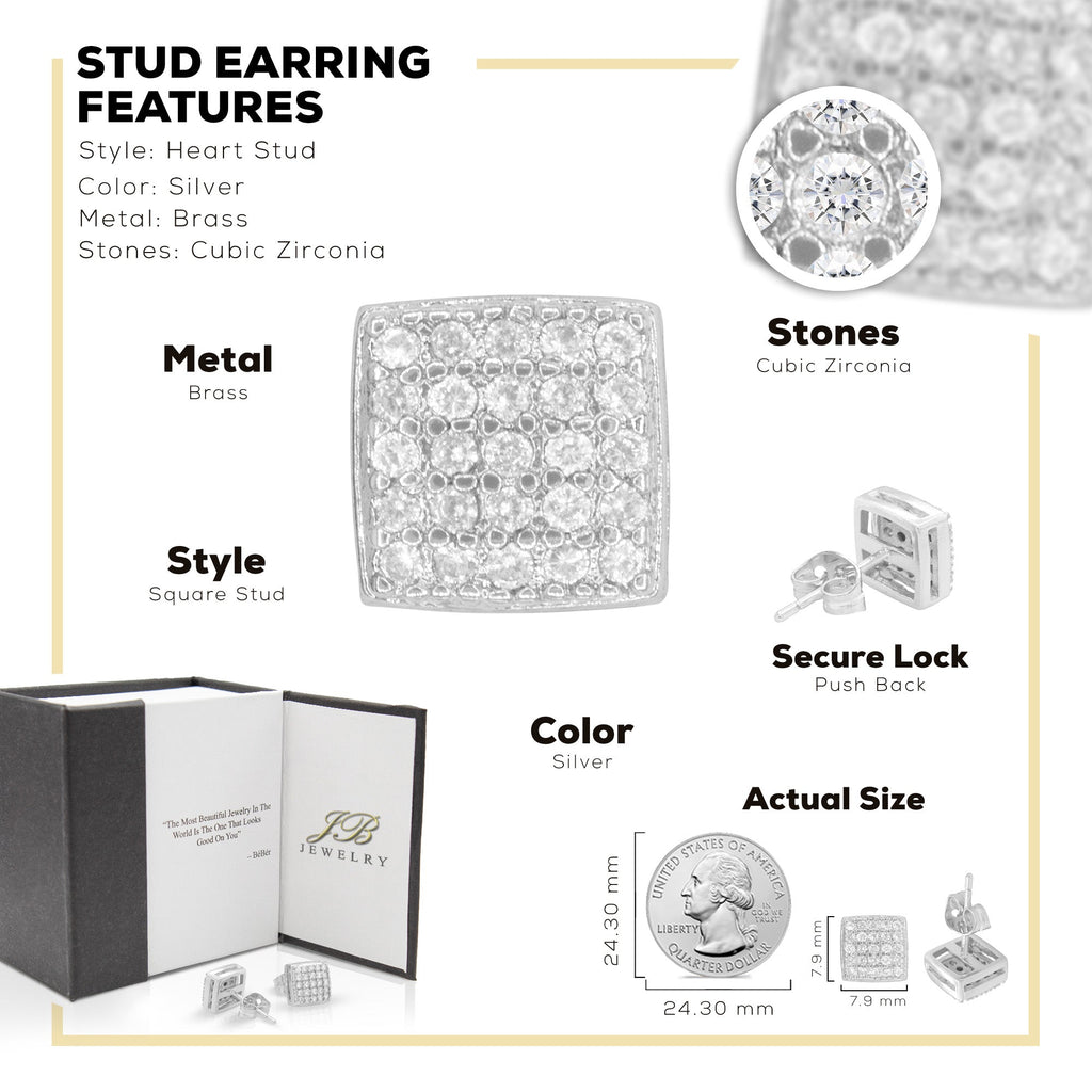 Square 16 Cubic Zirconia Earrings 14K Gold Filled Silver Hip Hop Studs Jewelry Women Men