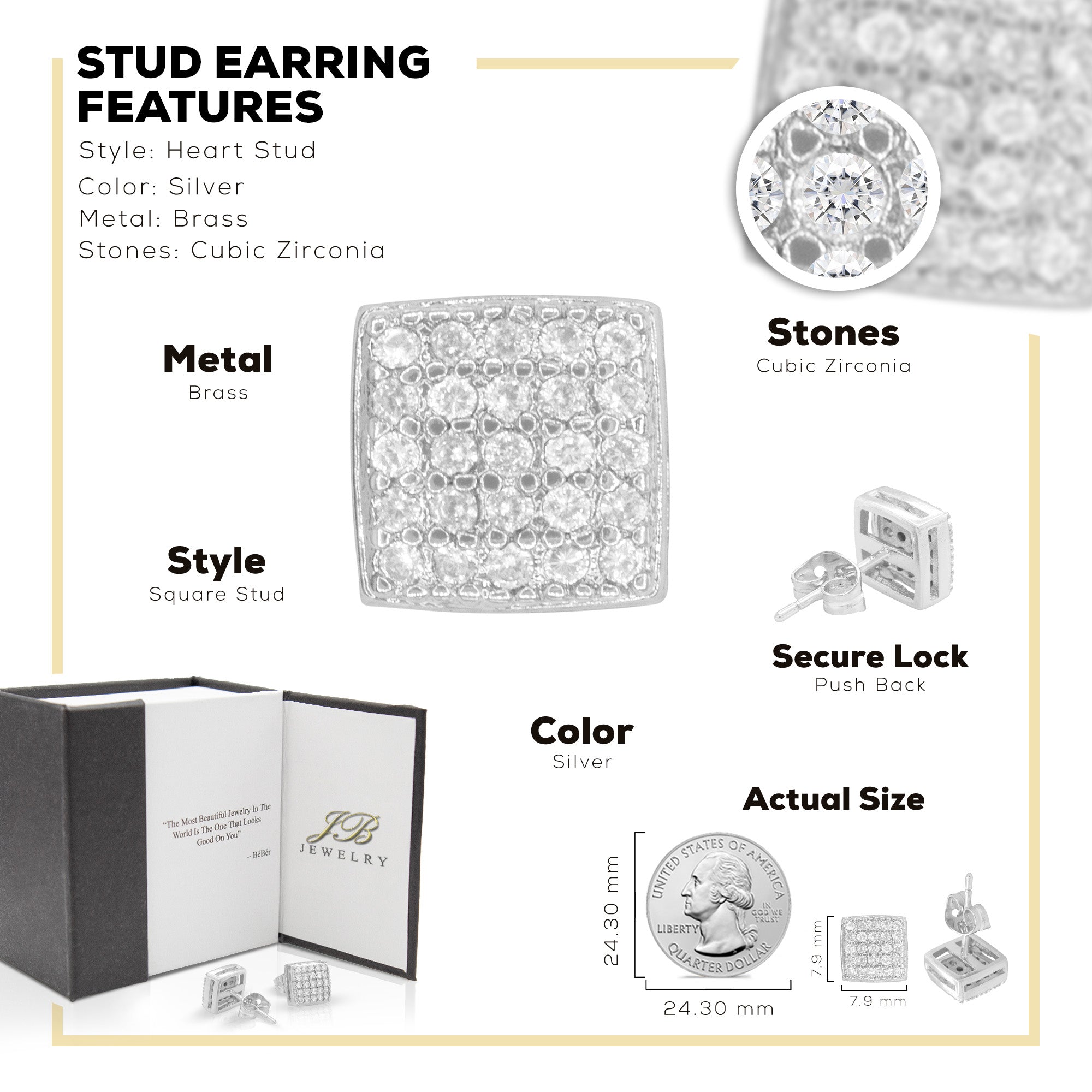 Square 16 Cubic Zirconia Earrings 14K Gold Filled Silver Hip Hop Studs Jewelry Women Men