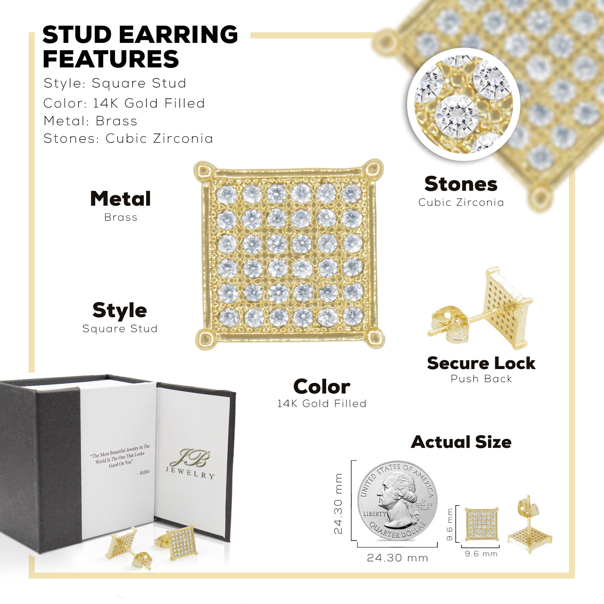 Square 11 Cubic Zirconia Earrings 14K Gold Filled Silver Hip Hop Studs Jewelry Women Men