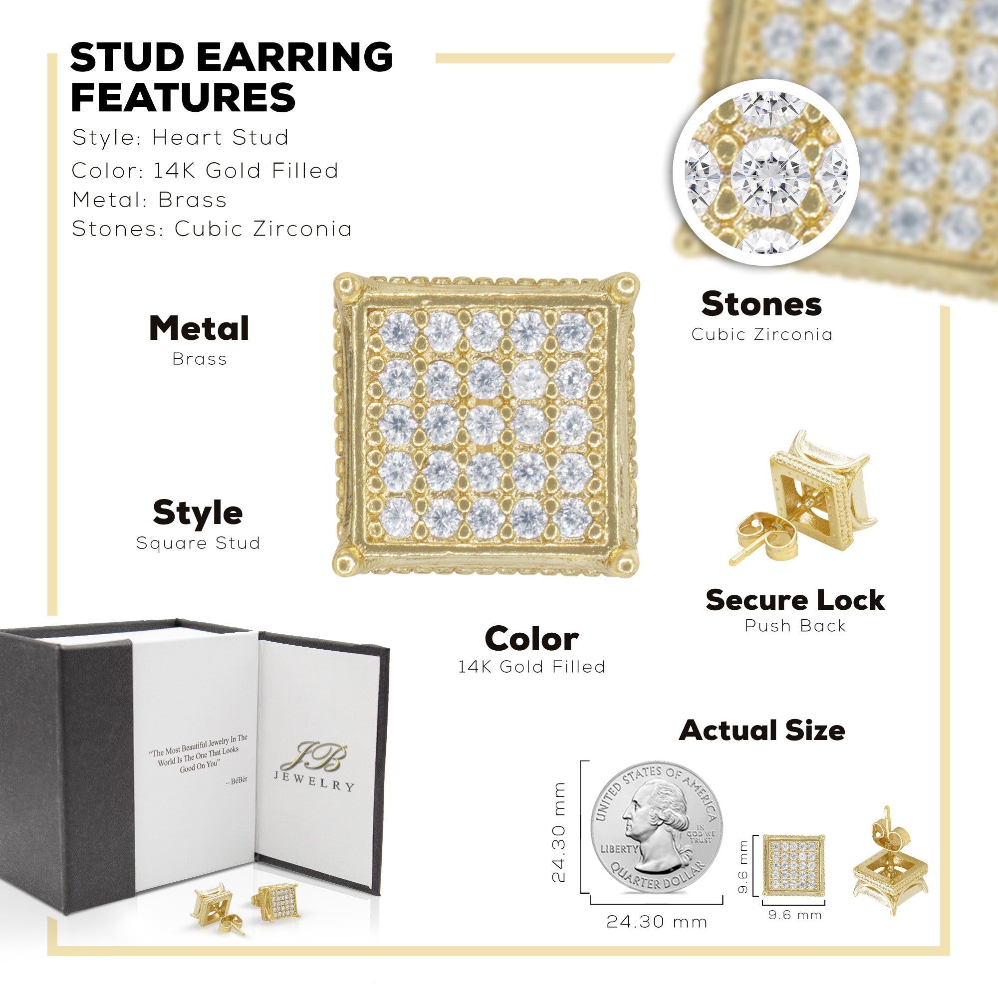 Square 19 Cubic Zirconia Earrings 14K Gold Filled Silver Hip Hop Studs Jewelry Women Men