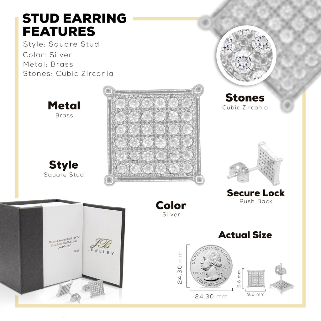 Square 11 Cubic Zirconia Earrings 14K Gold Filled Silver Hip Hop Studs Jewelry Women Men