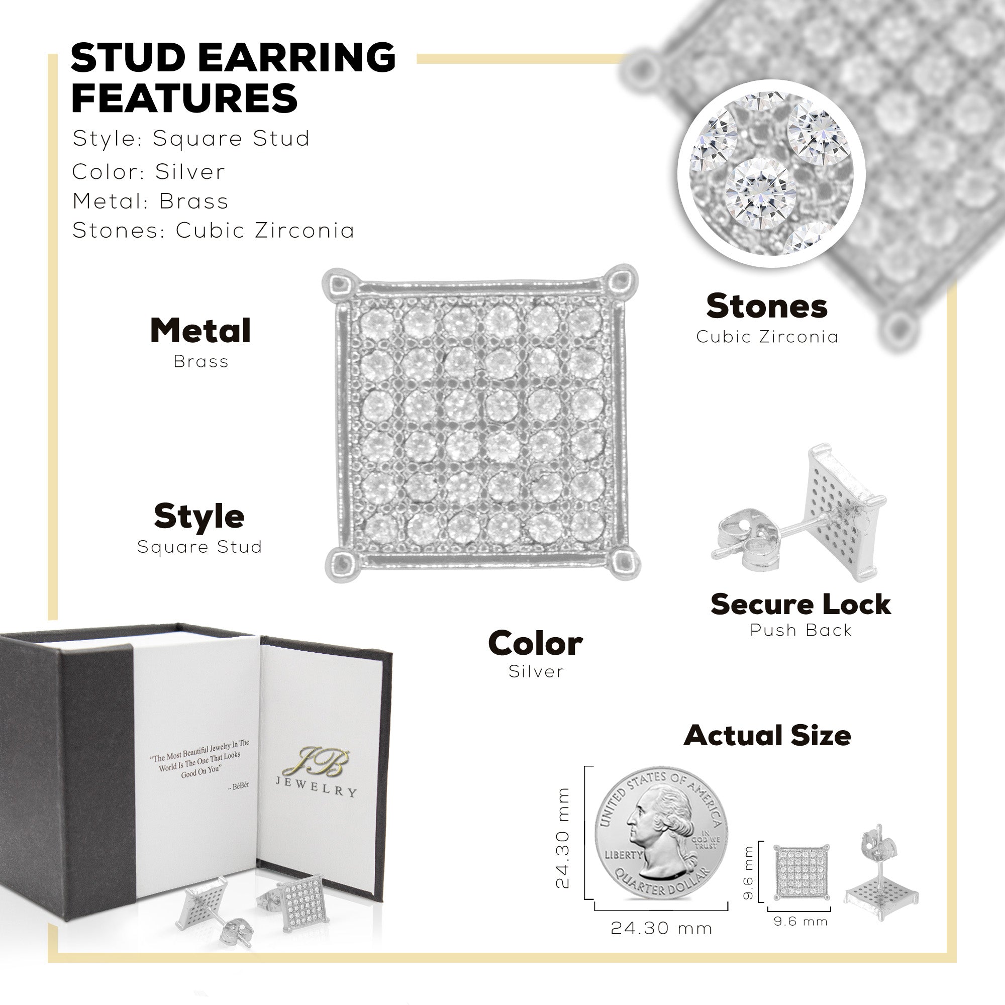 Square 11 Cubic Zirconia Earrings 14K Gold Filled Silver Hip Hop Studs Jewelry Women Men