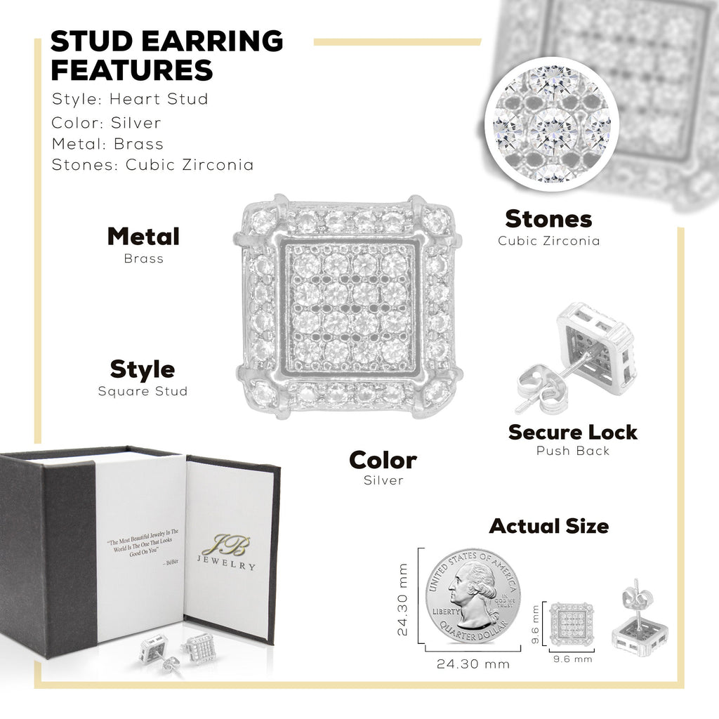 Square 10 Cubic Zirconia Earrings 14K Gold Filled Silver Hip Hop Studs Jewelry Women Men