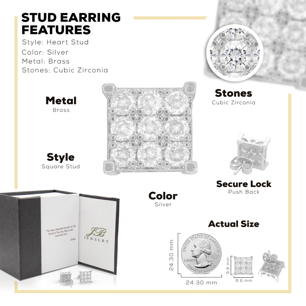 Square 13 Cubic Zirconia Earrings 14K Gold Filled Silver Hip Hop Studs Jewelry Women Men