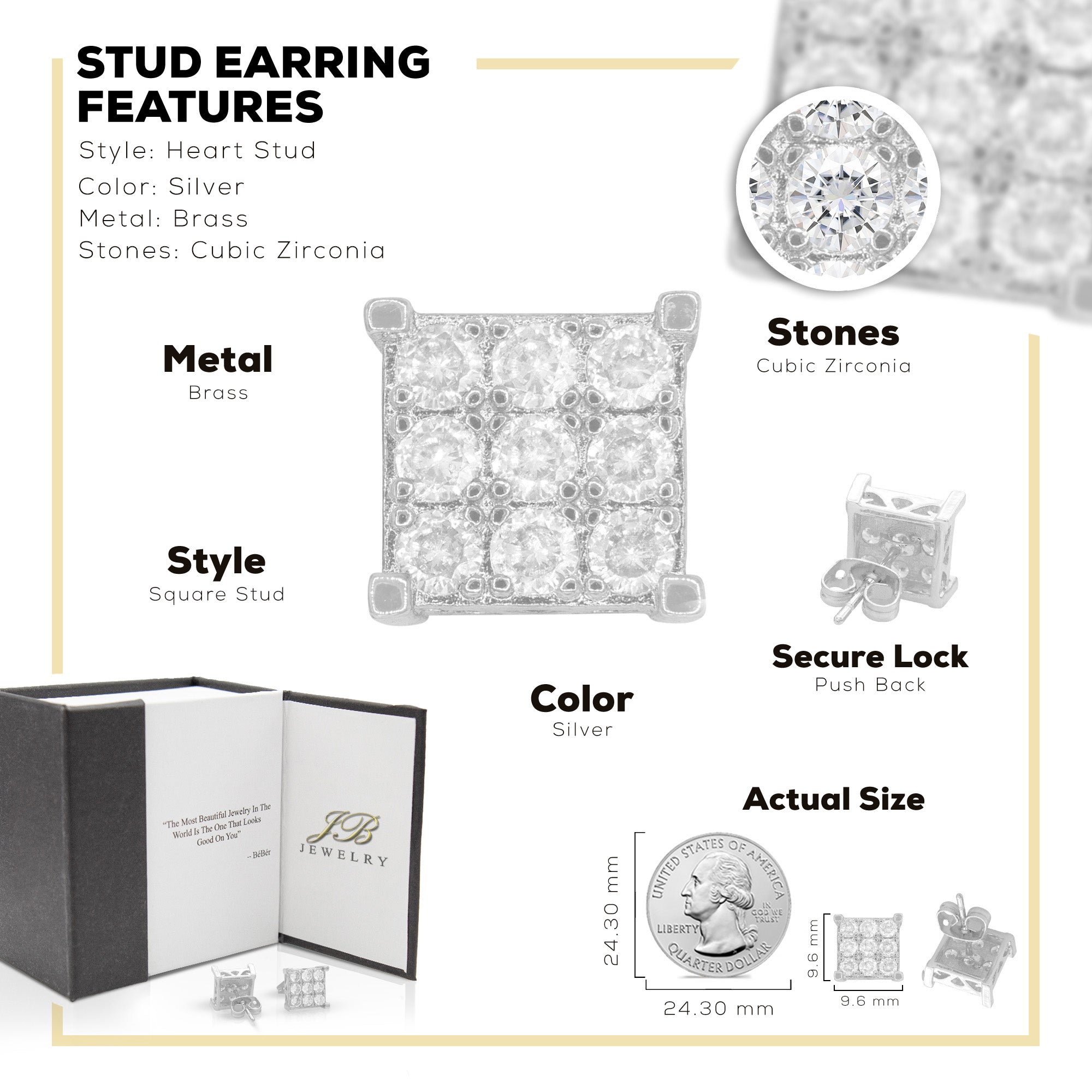 Square 13 Cubic Zirconia Earrings 14K Gold Filled Silver Hip Hop Studs Jewelry Women Men
