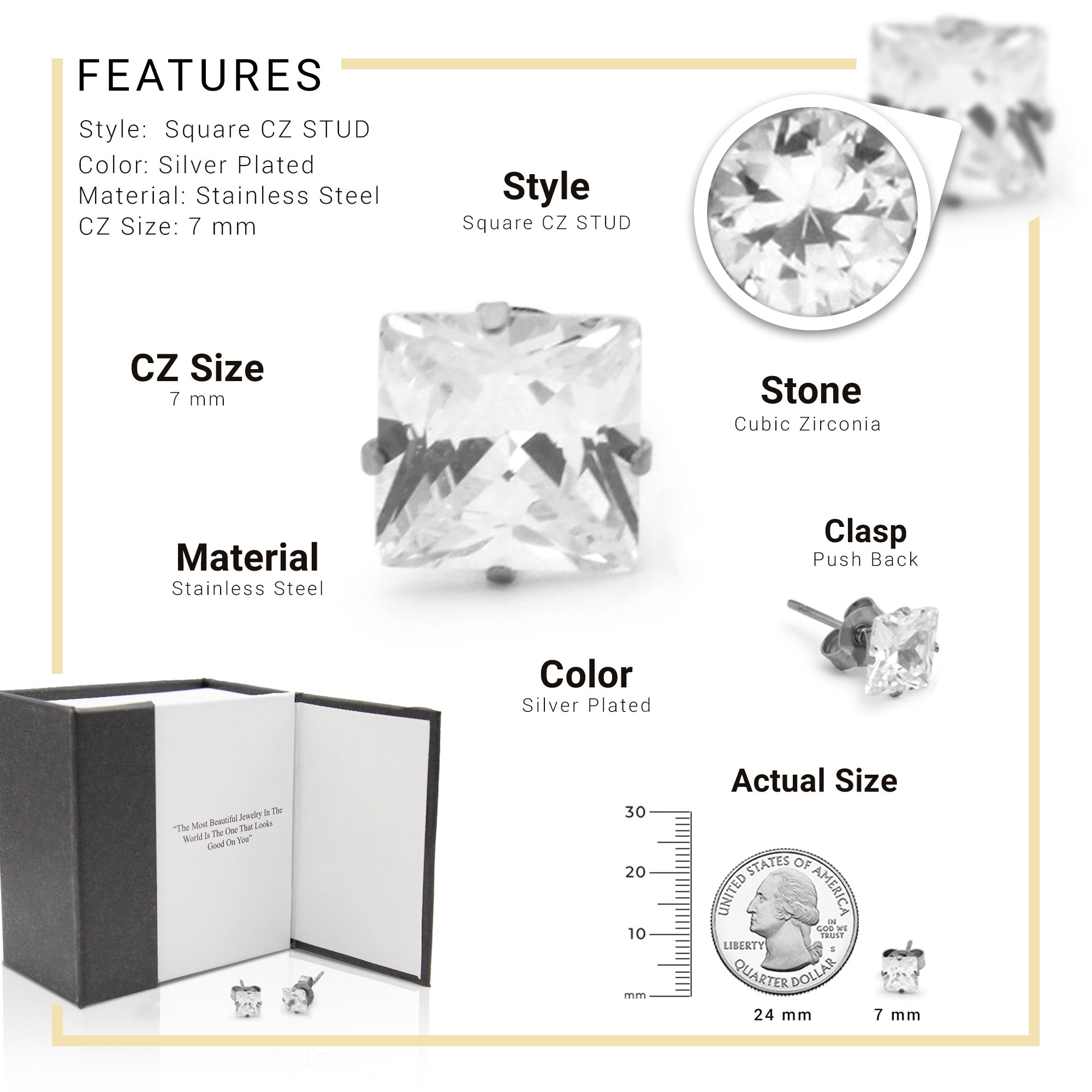 Cubic Zirconia Square Stud Earrings Stainless Steel Silver Jewelry Men Women