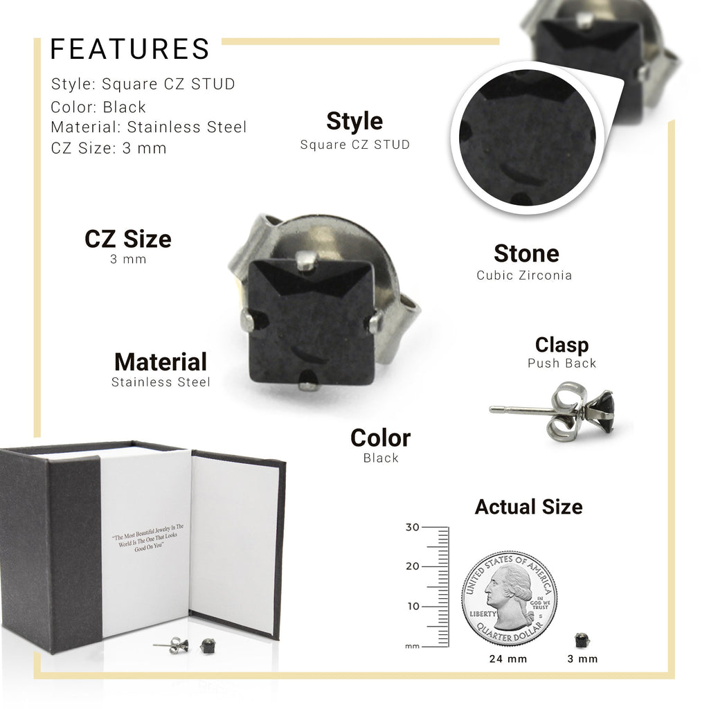 Cubic Zirconia Square Stud Earrings Stainless Steel Black Jewelry Men Women