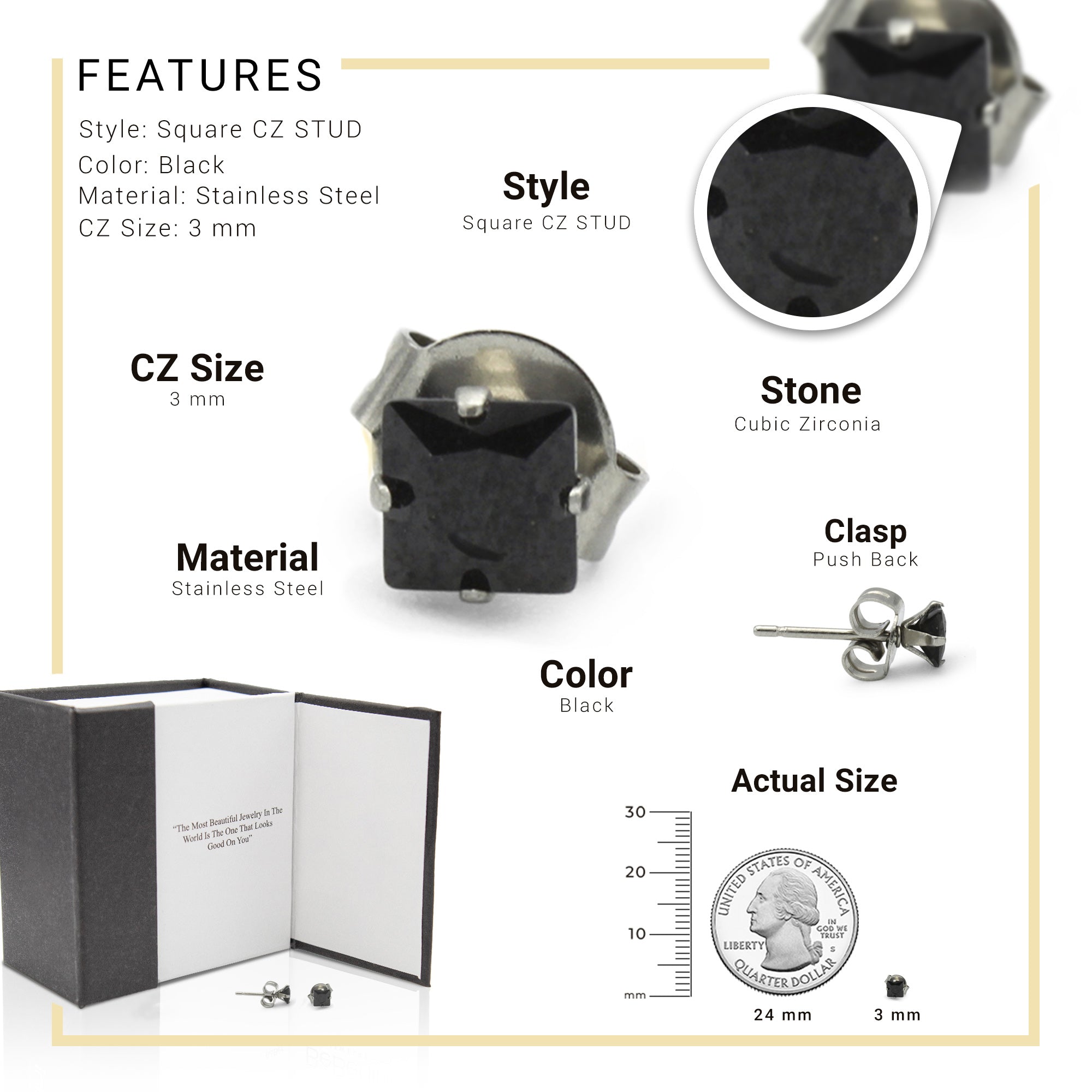 Cubic Zirconia Square Stud Earrings Stainless Steel Black Jewelry Men Women