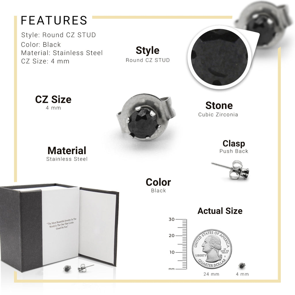 Cubic Zirconia Round Stud Earrings Stainless Steel Black Jewelry Men Women