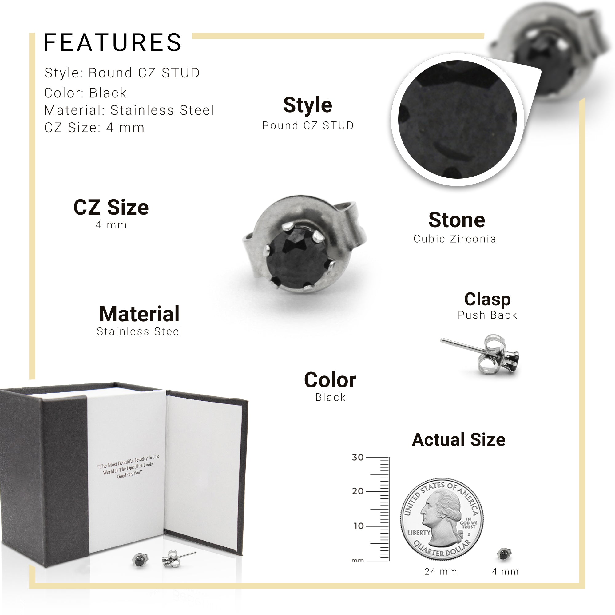 Cubic Zirconia Round Stud Earrings Stainless Steel Black Jewelry Men Women