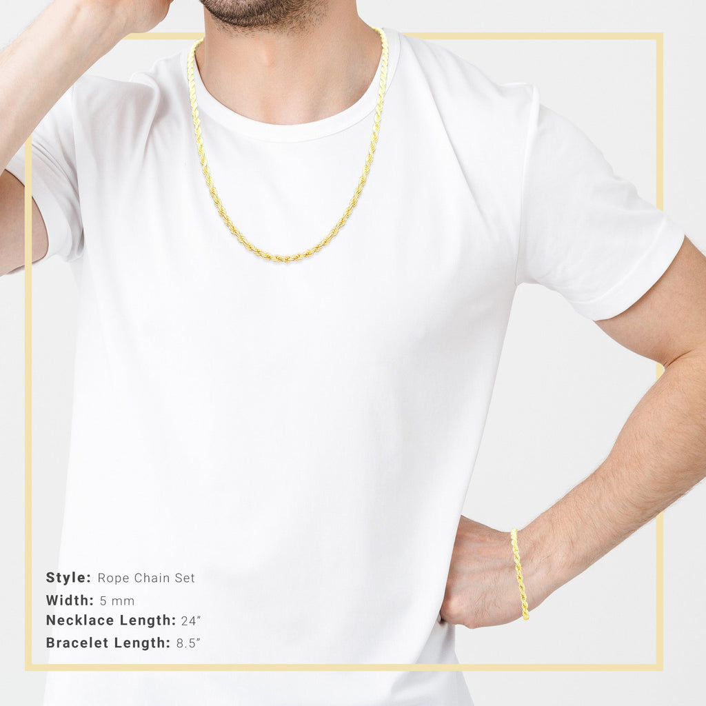 14K Gold Filled Rope Chain Necklace 24" Bracelet 8.5" Set for Men 5 - 6 mm