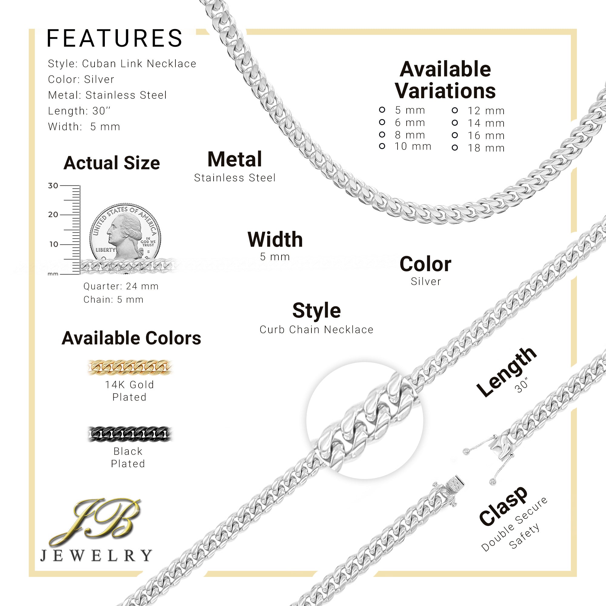 Silver Cuban Link Stainless Steel Necklace 30"