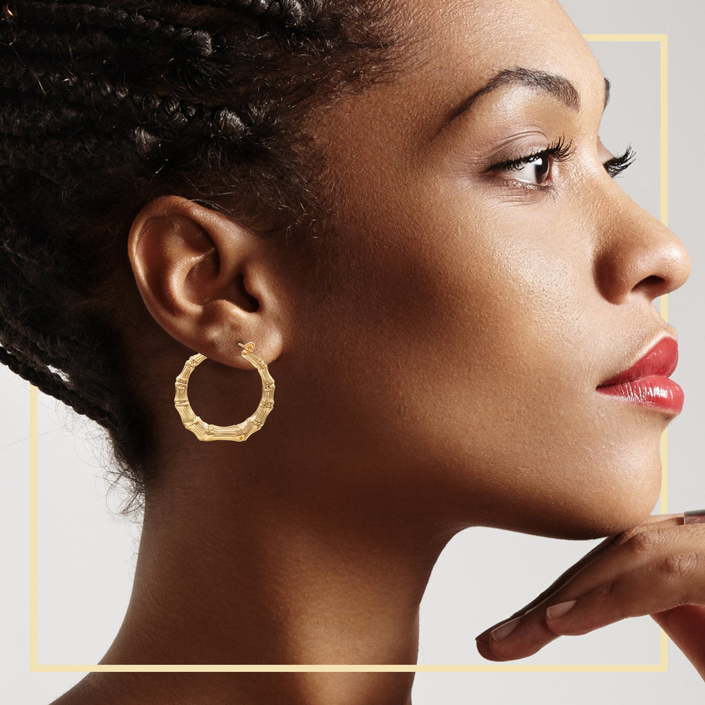 Bamboo Hoop Earrings 14K Gold Plated Women Jewelry 40 mm