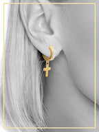 Cubic Zirconia Cross Pendant Huggie Hoops 14K Gold Plated Silver Black Earrings