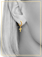 Cubic Zirconia Cross Pendant Huggie Hoops 14K Gold Plated Silver Black Earrings