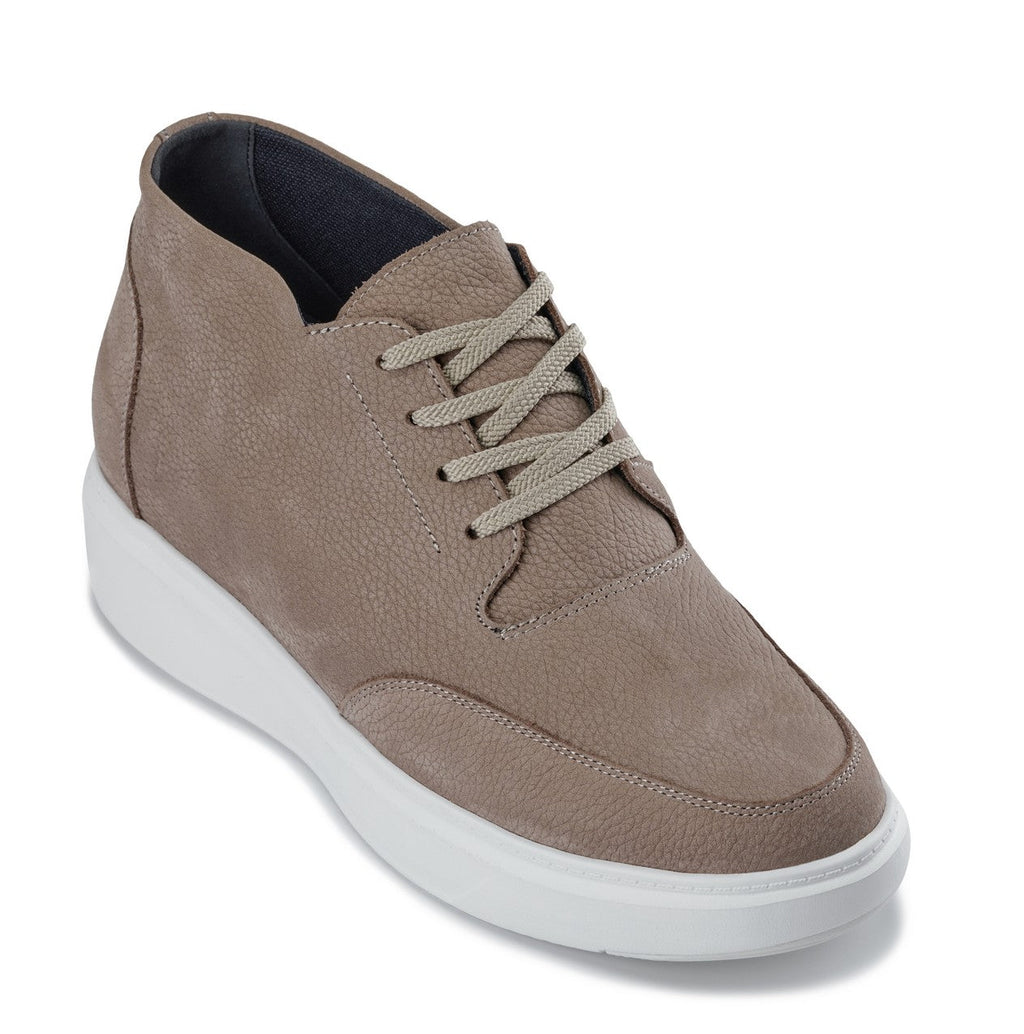 CALTO - J1770  - 3.2 Inches Taller (Khaki) - Casual Chunky Sole Boots – Soft Pebble Grain Nubuck Leather