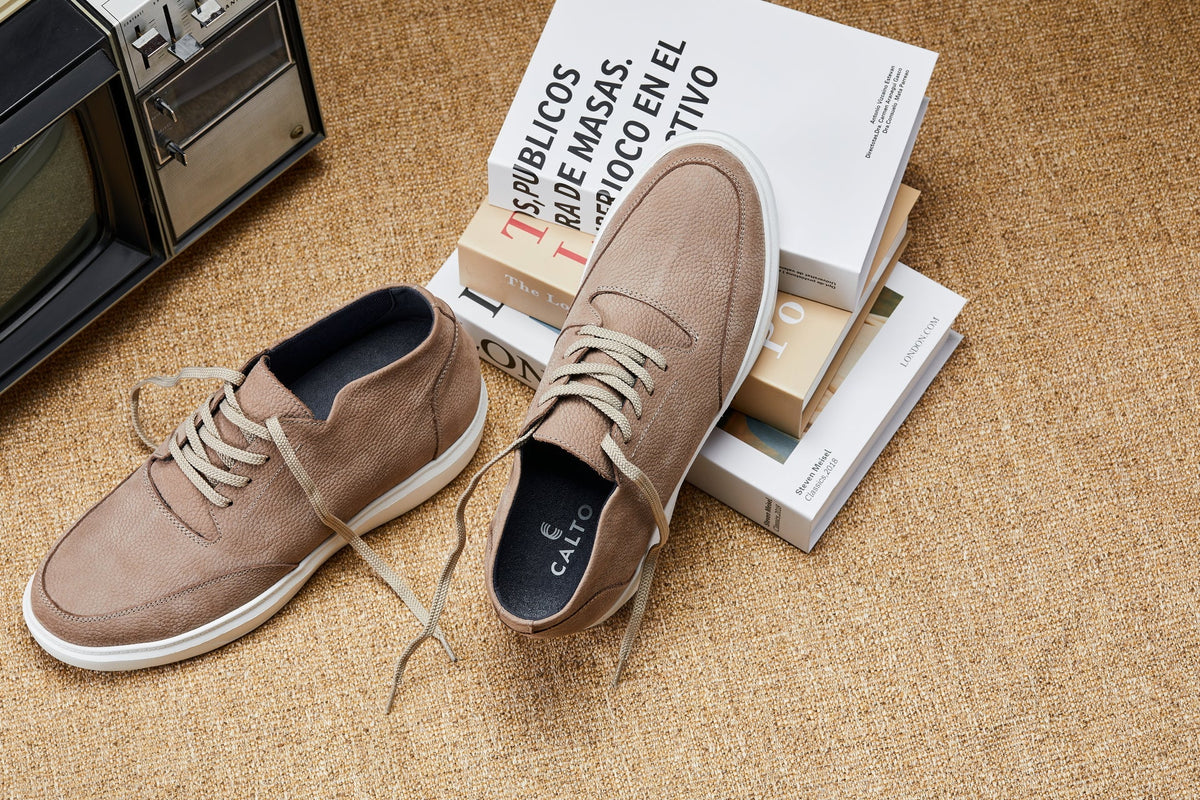 CALTO - J1770  - 3.2 Inches Taller (Khaki) - Casual Chunky Sole Boots – Soft Pebble Grain Nubuck Leather